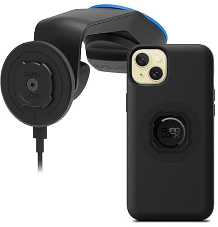 Quad Lock Windscreen/Dashboard Car Phone Holder with MAG Wireless Charging Head V2 and MAG Phone Case for iPhone 15