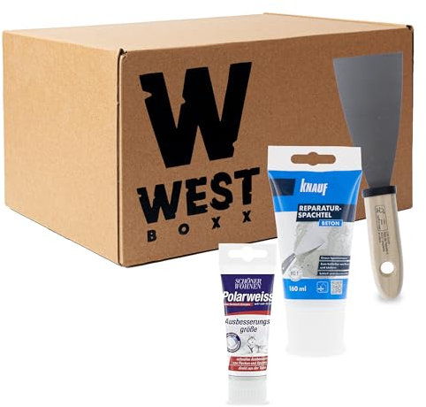 W West Boxx Set aus Reparaturspachtel Beton 160ml, Polarweiss Farbe 50ml und Spachtel, Ausbesserungsset Beton, Zement, Mauerwerk, innen und außen
