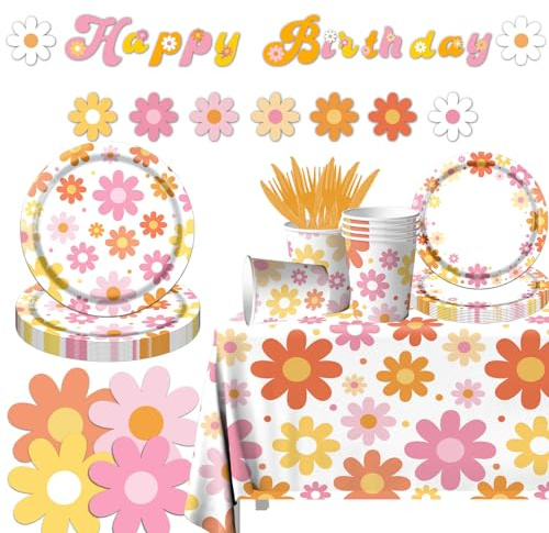 142Pcs Colorful Daisy Birthday Party Decorations Flower Paper Plates and Napkins Sets with Cups Forks Tablecloth and Banner Groovy Retro Hippie Boho Party Decorations Daisy Party Supplies
