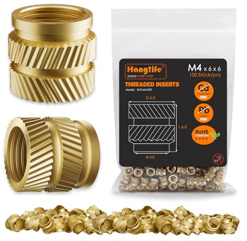 HANGLIFE Inserti Filettati a Caldo, M4 Inserto Filettato per Componenti di Stampa 3D e Parti in Plastica - Dadi Scanalati Metrici in Ottone (100 Pezzi)