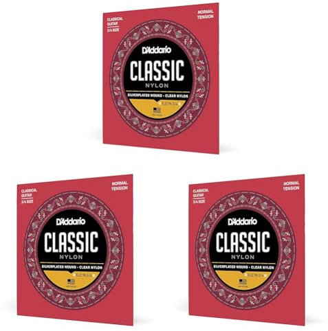D'Addario Gitarrensaiten Konzertgitarre | Nylon Gitarren Saiten | Nylonsaiten | DER BELIEBTESTEN SAITENMARKE WELTWEIT | EJ27N 3/4 | Nylon | Normal Tension | für 3/4 Gitarren (Packung mit 3)
