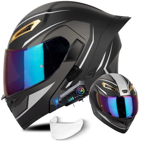 Klapphelm mit Bluetooth, Integriert Motorradhelm, ECE Zertifiziert Integralhelm mit Anti-Fog-Doppelspiegel, Atmungsaktiv und Bequem, für Erwachsene Frauen Männer, S-XXL
