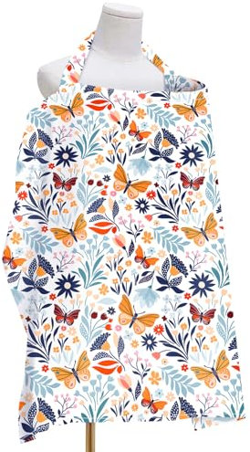 Winmany Stillbezug, atmungsaktiv, für Damen, Blumendruck, vielseitig verwendbar, Sichtschutz, verstellbare Stillschürze, Autositzbezug, 72 x 95 cm (Schmetterling)