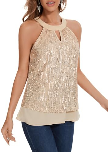 DRESSTELLS Sequin Top for Women UK Halter Neck Vest Ladies Tops Night Out Summer Tank Top Sexy Sparkly Glitter Camisole Beach Party Clubbing Sleeveless Shirts Champagne S