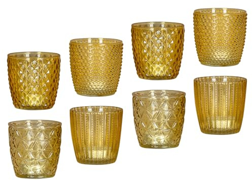 8er Set Windlicht H7,5cm Glas Gelb Teelichthalter Kerzen Retro Kerze Kerzenhalter Tischdeko Deko