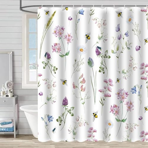 FAIRYGATE Waterproof Shower Curtain Floral Curtains Spring Boho Vintage Style Romantic Blooming flowers Plants Bath Curtain for Bathroom Bathtubs Washroom Decorations with Hooks B8019