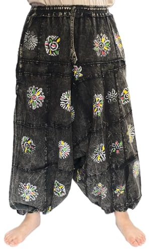 Generico Pantaloni larghi in cotone lavato con pietra, Harem, cintura elastica, stampa a blocchi, stile Boho unisex Aladino (IT, Testo, Taglia unica, Regular, Regular, Nero)