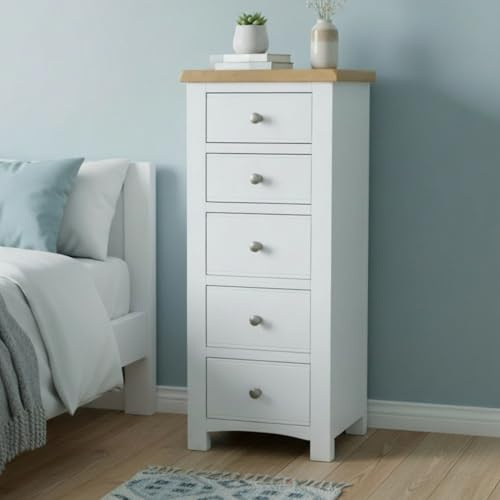 GROF Premium Chest of Drawer Slim Tallboy, 5 Drawer Tall Chest, Painted Bedroom Furniture, Painted White Tallboy Chest of Drawers for Bedroom, Fully assembled (White, W48cm - D40cm - H120cm)