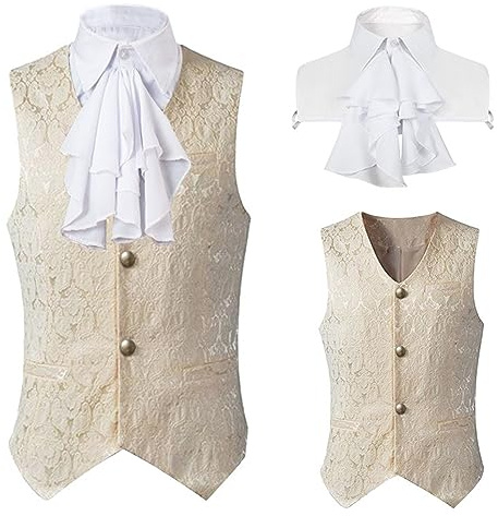 Deguisement Halloween Homme Jacquard- Gilet Medievale Homme Col Jabot,Top Renaissance sans Manches Steampunk Gothique Cosplay Vintage Cour Victorienne Basic Grande Taille Rétro Gilets