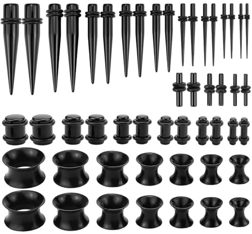 FERCAISH 52 Stück Schwarz Ohr-Stretching-Kit, Dehnstäbe Set 1.6-10 mm, Acryl Dehnstab Taper Plugs, Ohr Dehnstäbe Tunnel Set, für Ohr Piercing Flesh Dehnset