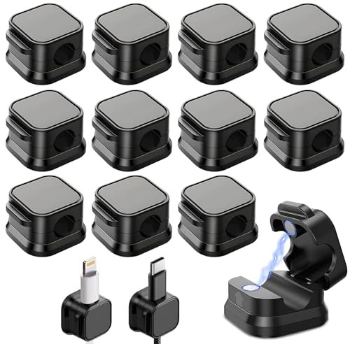 12Pack Cord Organizer Holder - Magnetic Desk Cable Clips Management Hide Phone Charging Cable Keeper Strong Adhesive Wire Charger Holder for Nightstand,Kitchen Appliances, Office Supplies, Black