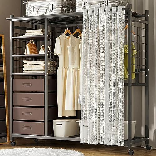 Armadio portatile in metallo con cassetti e tende antipolvere con rotelle per camera da letto