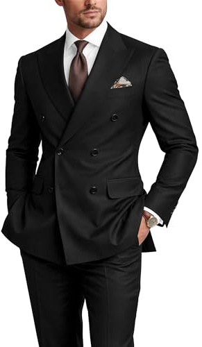 TIJOFA Double Breasted Black Suit Men Regular Fit Mens Black Suit Flap Pocket 2 Piece Business Casual Outfits for Men Prom Wedding Suits Blazer & Pants Set Size M