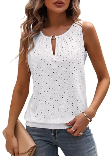 Tanmolo Damen Tank Top Ärmellos Tanktops Sommer Oberteile V-Ausschnitt Blusentop Sexy Vest Top Schlüsselloch Bluse Weiß, XL