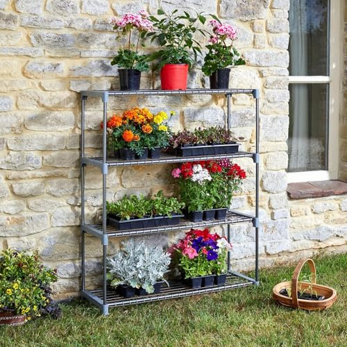 Garden Mile GroZone Gewächshausregal 4 Etagen Schwerlast Metall Pflanzenständer für Gewächshäuser, Schuppen & Grow Häuser, Pulverbeschichteter Stahlrahmen mit abnehmbaren Ablagen (4 Etagen GroZone
