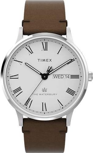 Timex Orologio da Uomo Waterbury da 40 mm, Cinturino in Pelle Marrone, Quadrante Bianco, Cassa in Acciaio INOX, TW2Y29500