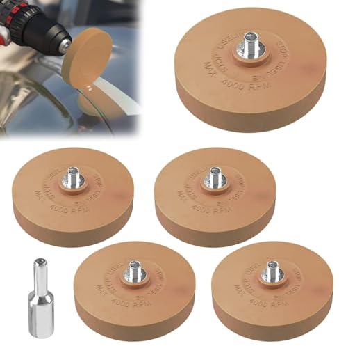 Polartreehome 5 x Folienradierer Set mit 1x Adapter, Radierscheibe, Radierer Gummi Aufkleber Entferner, Radiergummi Rad von Folien und Kleberesten am Fahrzeug, Auto oder Motorrad
