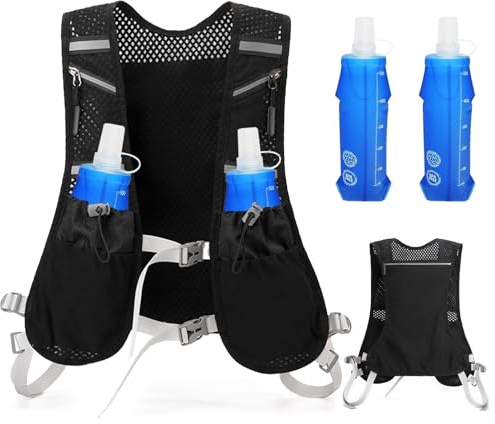 Laufweste Damen & Herren mit 2x500ml Trinkflaschen - laufweste mit trinkflasche Atmungsaktive Running Vest -Verstellbarer Reflektierender Trinkrucksack mit Taschen für Jogging, Radfahren, Marathon