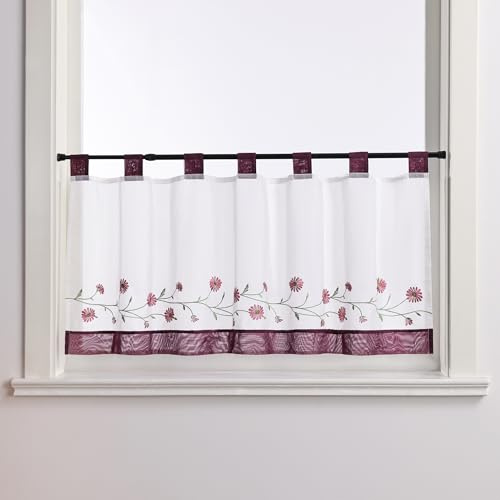 Joyswahl Scheibengardine mit Blumenstickerei Bistrogardine lichtdurchlässig Küchengardinen landhausstil Gardine Stores Weinrot HxB 45x140 cm 1 Stück