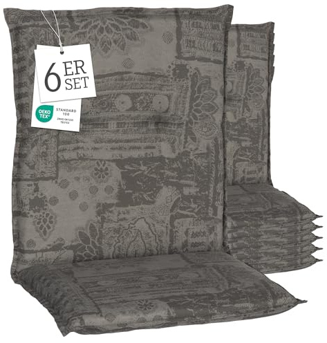 Beo® Barcelona Niedriglehner Gartenstuhlauflagen 6er Set | Waschbar | Öko-Tex Standard | Atmungsaktiv & UV-beständig | Extra Dicke Sitzkissen Outdoor | Ornamente grau auf grau