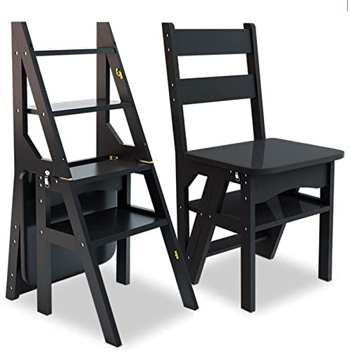 Portable Multi-Functional Folding Stool Chair with 4-Tier Design for Home, Kitchen, Library, and Display - Versatile Black Wooden Ladder Shelf and Storage Solution