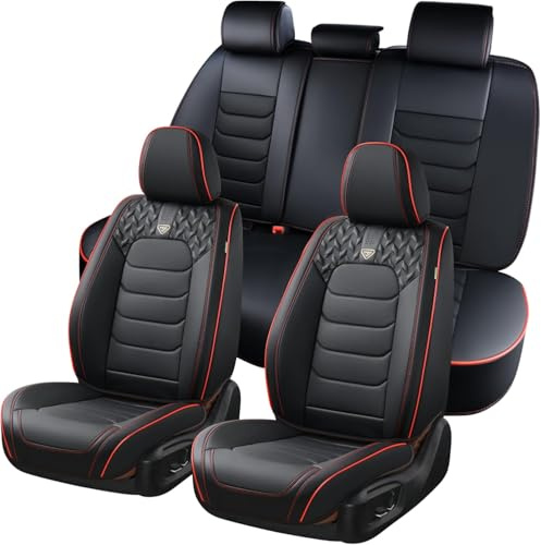 FLORICH Autositzbezüge Komplettset 5 Stück Vorder und Rücksitzbezüge PU-Leder Universel Auto Wasserdichtes Autositzbezug für Limousine, SUV, LKW (Komplettset, Schwarz&Rot)