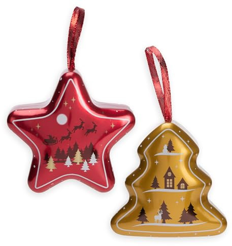 Weihnachts-Anhänger mit 3 Schokokugeln aus Vollmilchschokolade (2er Pack, zufällige Auswahl Stern oder Tannenbaum) – Christbaumschmuck mit Aufhänge-Schlaufe – dekorative Süßigkeiten, 30g je Dose