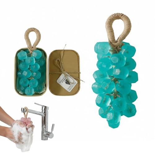Grape Soap on a Rope, 25 Grapes Decorative Bath Bar with Hanging Cord, Soft Lather Cluster Soap for Hand, Face & Body, Multi-Purpose Scent Accent (1, Tea Tree)