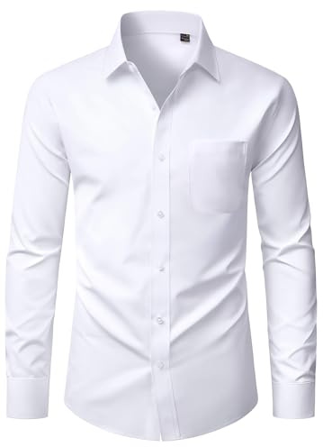 Alimens & Gentle Mens White Dress Shirts Long Sleeve Slim Fit Stretch Formal Casual Button Down Shirts with Pocket L