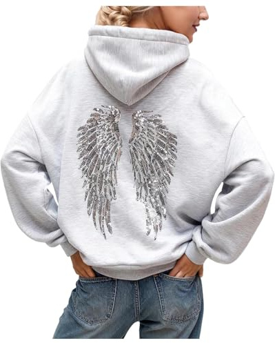Womens Sequin Angel Wings Hoodies Y2k Graphic Oversized Hooded Sweatshirt Long Sleeve Winter Clothing Grey