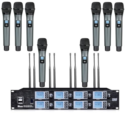 Bolymike 8800 8-Channel UHF Wireless Microphone System with Metal Handheld Dynamic Microphones, Adjustable Frequency Mic for Karaoke,Church,Singing,DJ, 328ft Range, 8 Individual Antennas