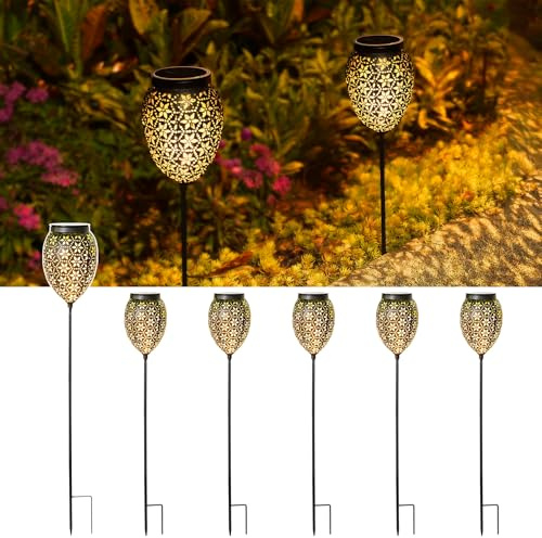 Garten Solarleuchten für Außen Metall 6 Stück, LED Solarlampen für Außen Garten IP65 Wetterfest, Höhenverstellbar Solar Gartenleuchten für Außen Vintage für Weihnachten Weg Terassen Balkon Deko