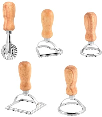 Ravioli Maker Stamp Cutter with Roller Wheel Set, Pasta Maker Mold with Wooden Handle and Fluted Edge, Ravioli Cutter and Press Stamp – for Pasta, Dumplings Lasagna, Pierogi (5 Set with Cutter)