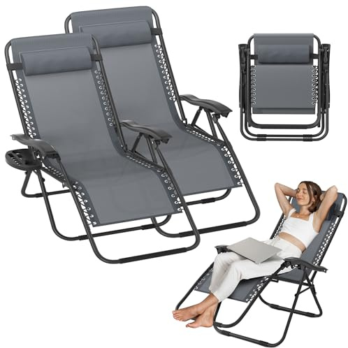 UISEBRT Set med 2 trädgårdsstolar hopfällbar med mugghållare och kuddar, solstol med justerbart ryggstöd för trädgård, balkong och strand, solstol, relaxstol, campingstol upp till 120 kg, grå