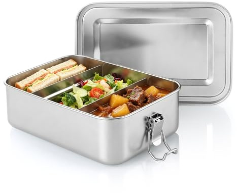 Lychico Bento Box 1400ml, 304 Stainless Steel Lunch Box with 2 Removable Dividers, Leak-Proof Portable Food Storage Container for Adults Kids, Dishwasher Safe & Sturdy for Office School Travel