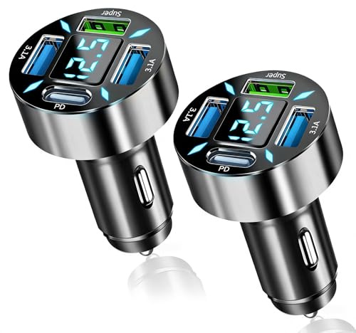 2Pcs 20W Cargador Coche Mecher USB C 4 Puertos con Voltímetro Led 12V | 3.1A+PD+Super Prise Cargador Rápido Carga Rapida Compatible iPhone 17 16 15 Pro MAX, Samsung Galaxy S24 S23 S21 Ultra