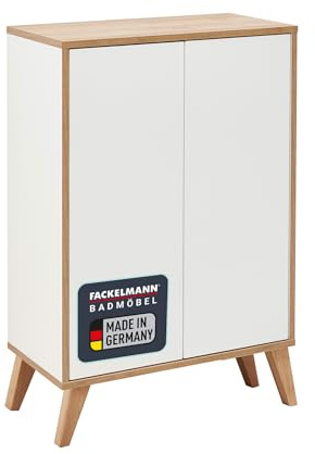 FACKELMANN Midischrank Finn mit Füßen – 60 cm breit, Push-to-Open Technik, mattweiße Front, Eichen-Optik, ideal für kleine Bäder