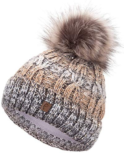 Faera Wintermütze Mütze Damen gefüttert mit Pailletten Bommelmütze Fleecefutter Winter Strickmütze Beanie-Mütze
