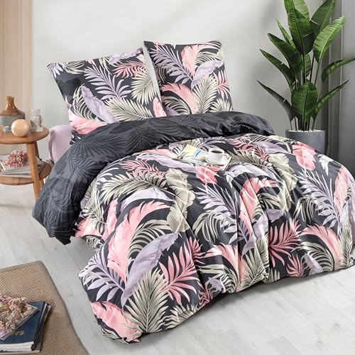 ZIRVEHOME Bettwäsche Set dreiteilig, 240x220cm Bettbezug, Baumwolle, Palmen Design Pink, 240x220 cm 100% Baumwolle Hena