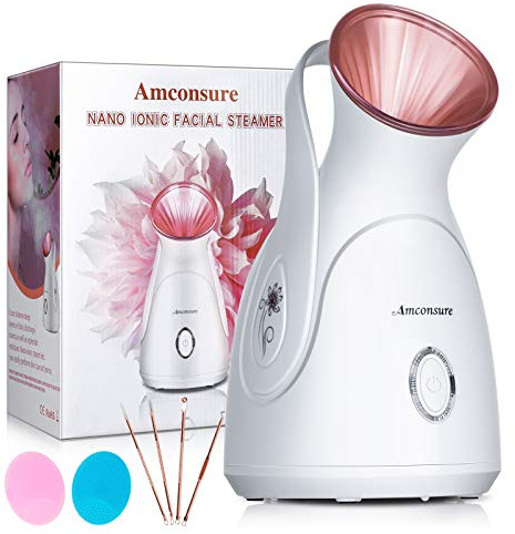 Facial Steamer, Amconsure Nano Ionic Face Steamer for Home Facial Warm Mist Humidifier for Women Moisturizing Face Spa Steamer, Unclogs Pores- 5pcs Stainless Steel Skin Kit & 2 Silicone Face Scrubbers