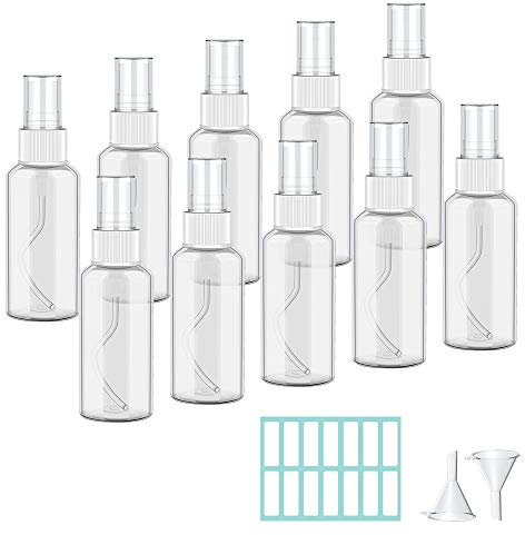 Botella de Spray Vacía Plástico Transparente 50ML botes spray vacios Contenedor de Pulverizador Niebla Fina Atomizador de Viaje con Embudos Spray Pulverizador para Perfumes Agua Alcohol 10 Piezas