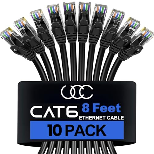 Ultra Clarity Cables Cat 6 Ethernet Cable 8 Feet (10 Pack), Cat6 Patch Cable, High Speed 10Gbps 500Mhz Ethernet Cable Network Cord, RJ45 LAN Internet Cable for Computer Modem Router PS4/5 Xbox -Black