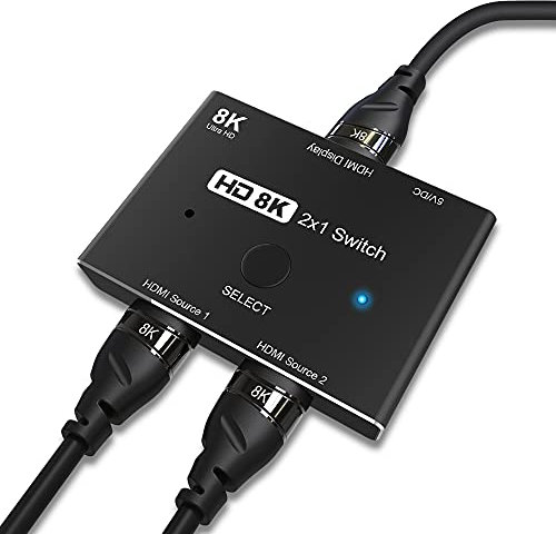 Angusplay Conmutador HDMI 2.1 versión 8K Switcher Splitter KVM Ultra HD 2 en 1 Salida de alta velocidad 48Gbps Soporte 4K @120Hz 8K @60Hz Adaptador Convertidor para PS5 Xbox Monitor, etc