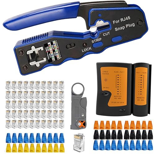 MAYLINEE Crimpzangen Set für RJ45, Durchgangs Crimpver binder für Cat5/Cat5e/Cat6, CAT7 Kabel tester Kit Netzwerk Abisolierzange mit 50 und 50 Abdeckungen, Crimpstecker Set(Schwarz)