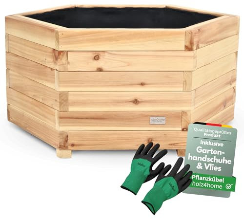 holz4home® Outdoor Pflanzkübel XL I 6-Eckig aus Tannenholz I inkl. Gartenhandschuhe & Vlies I Blumentopf Terrasse aus Holz I Pflanzkasten Pflanztopf Blumenkübel Balkon