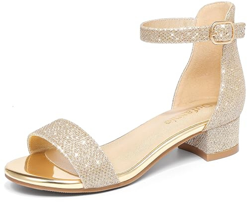 Dufannie Gold Heel for Girls Dress Shoes Big Kids Heels for Girls Heeled Sandals Size 4 Glitter Sparkly Shoes Kid Sandals Strappy Pumps Wedding Pageant Church Dance Party(3603Cham 4)