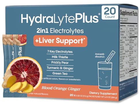 Hydralyte Liver Support + Electrolyte Mix with Milk Thistle, Turmeric, Ginger, Prickly Pear, Green Tea Extract Formulated for Rapid Rehydration (Blood Orange Ginger, 20 Packets)