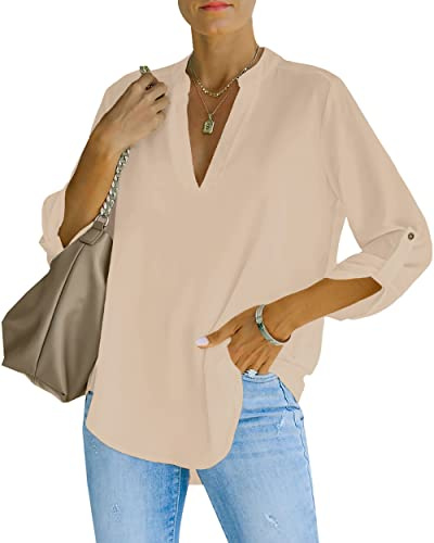 NONSAR Damblus, elegant, v-ringad, Henley, skjortblus, rullbara ärmar, lösa blusar, Aprikos, S