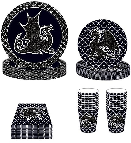 Bialowase Set de vaisselle de fête en forme de dragon noir, assiettes en carton pour 16 personnes, décoration d'anniversaire pour garçon, vaisselle jetable accessoire de table
