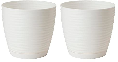 AC - Pack de 2 Macetas Redonda de 19 cm con Plato Discreto, Diseño Sahara, Fabricado en España, jardín Exterior, terraza o balcón, Color Blanco